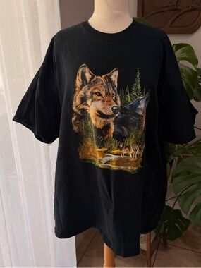 Gildan Black Tee with Multicolor Wolf Head Print